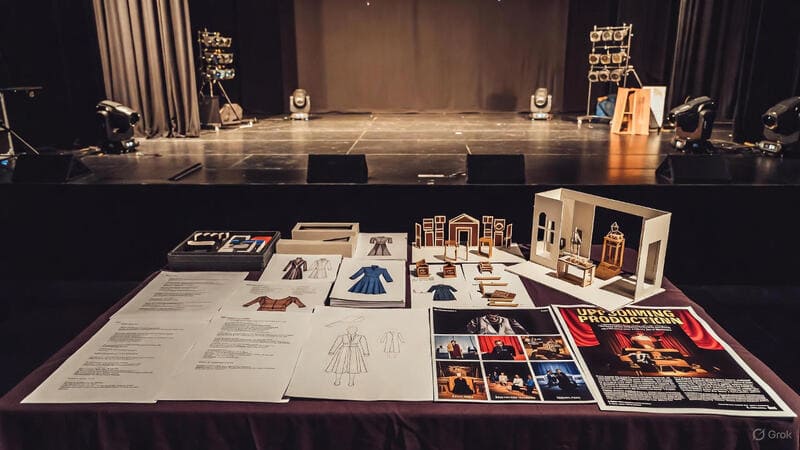 Salle de théâtre vue depuis la régie, scène éclairée