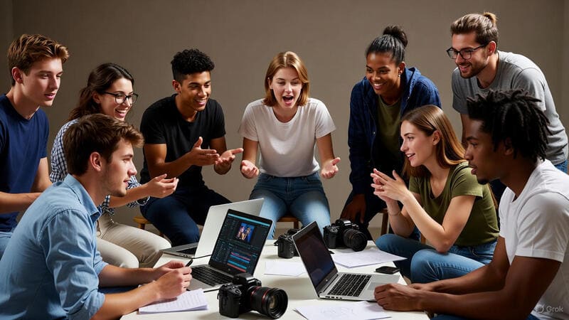 Jeunes réalisant un court-métrage engagé en studio